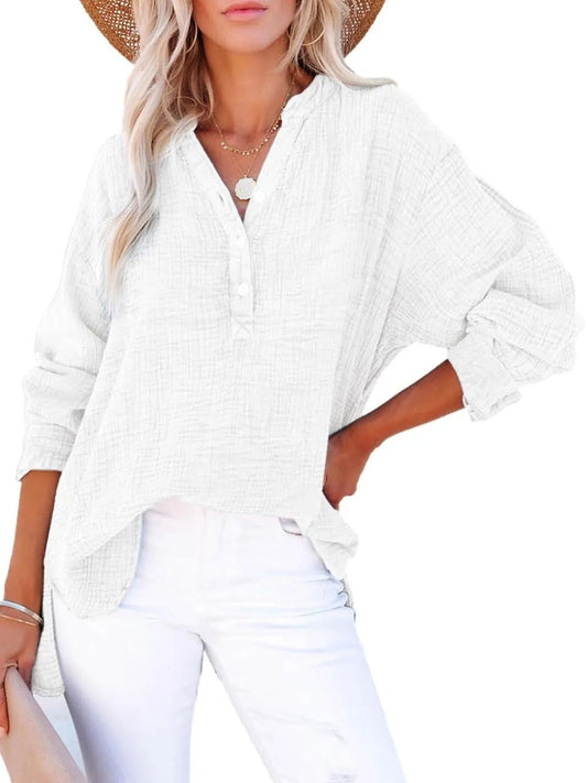 🔥Best-1 Tops 2025🔥Women Casual Button V Neck Long Sleeve Shirts Oversized Solid Blouses Tops