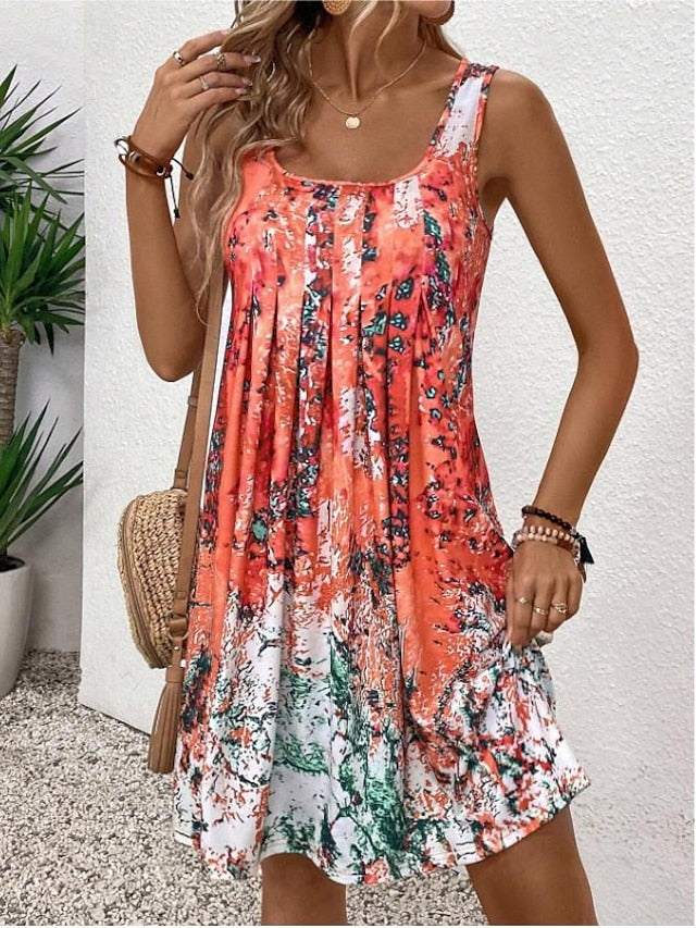 Women's Tank Dress Tie Dye Pleated Square Neck Mini Dress Stylish Casual Daily Vacation Sleeveless Summer