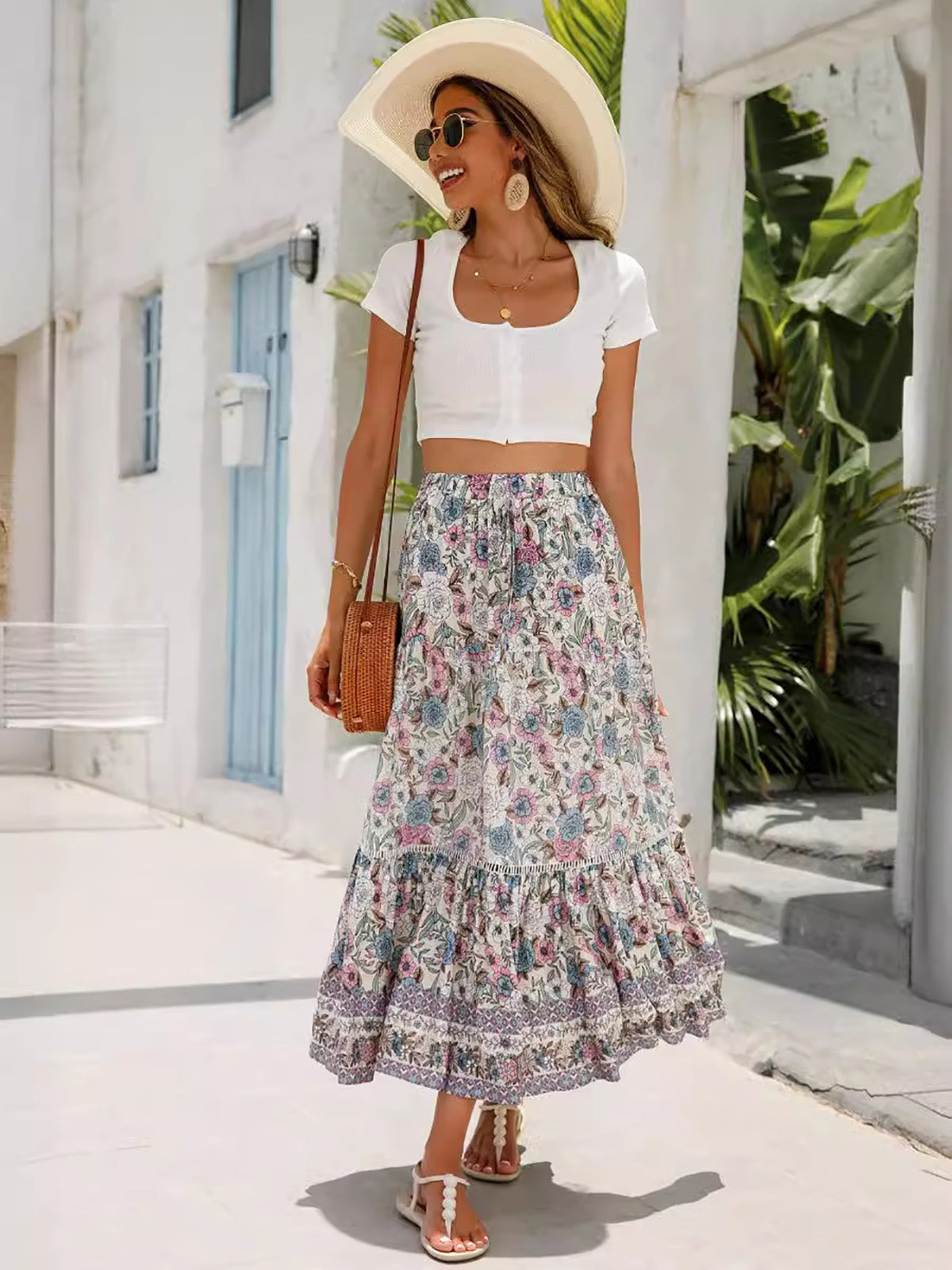 🔥Up to 69% OFF Today🔥Women's Summer Beach Pleated A-Line Boho Floral Elastic High Waist Maxi Skirts