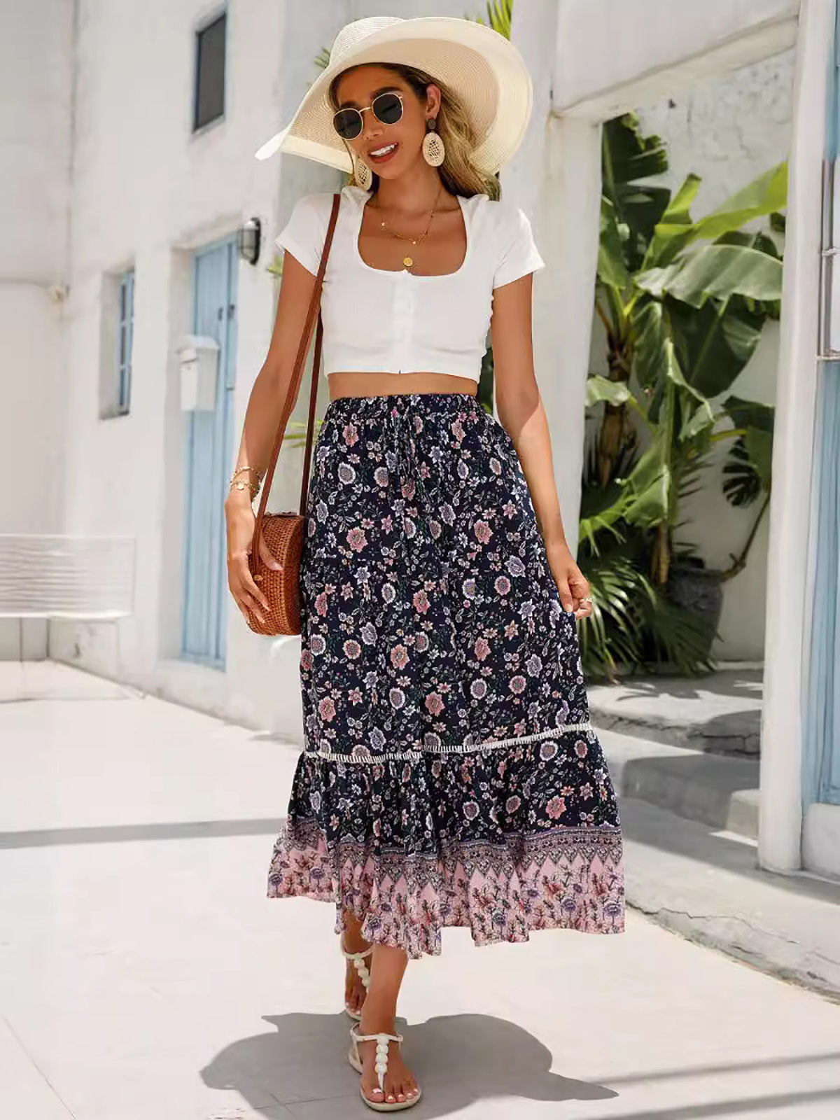 Women's Summer Boho Floral Elastic High Waist Beach Skirts