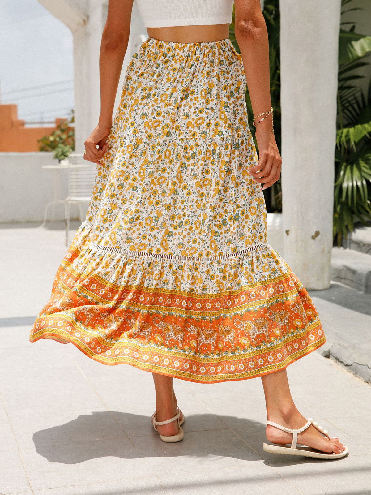 Women's Summer Boho Floral Elastic High Waist Beach Skirts