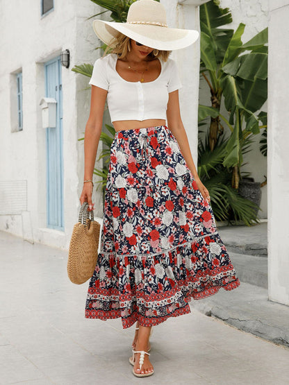 Women's Summer Boho Floral Elastic High Waist Beach Skirts