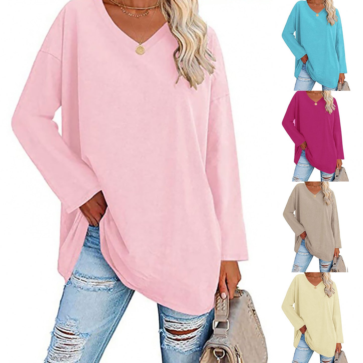 🔥Up to 69% OFF Today🔥Women Fall/Winter 2025 Oversized Tops Long Sleeve Casual V-neck Loose T-shirts