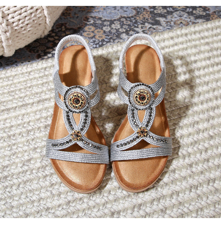 Comfortable Bohemian Fashion Rhinestone Platform Wedge Sandals