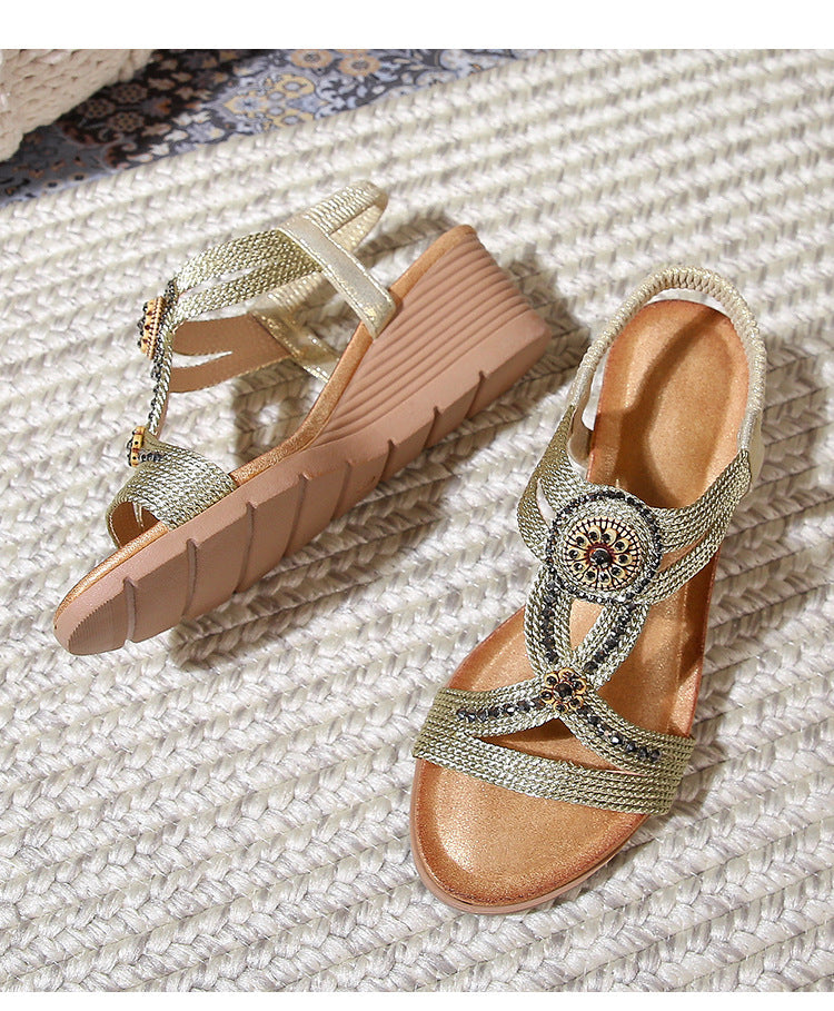 Comfortable Bohemian Fashion Rhinestone Platform Wedge Sandals