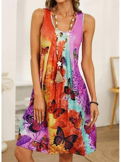 Women's Tank Dress Tie Dye Pleated Square Neck Mini Dress Stylish Casual Daily Vacation Sleeveless Summer
