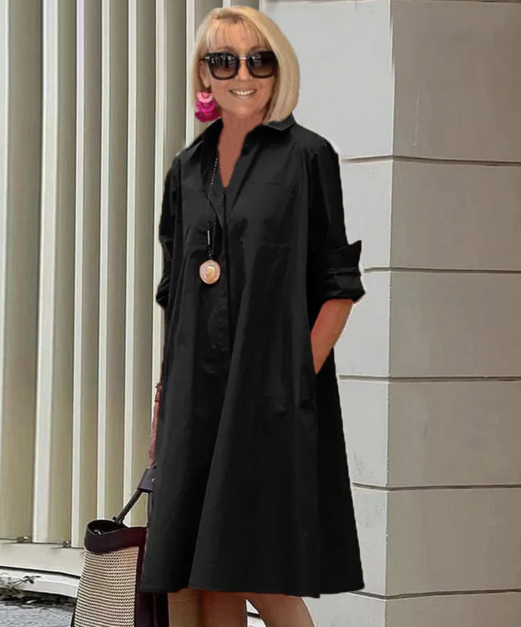 Women Summer 2025 New Type Fashion Temperament Shirt Collar Long Sleeve Pocket Mid-Length Dress