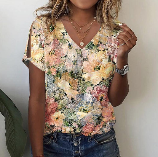 Casual Floral Cotton V Neck T-Shirt