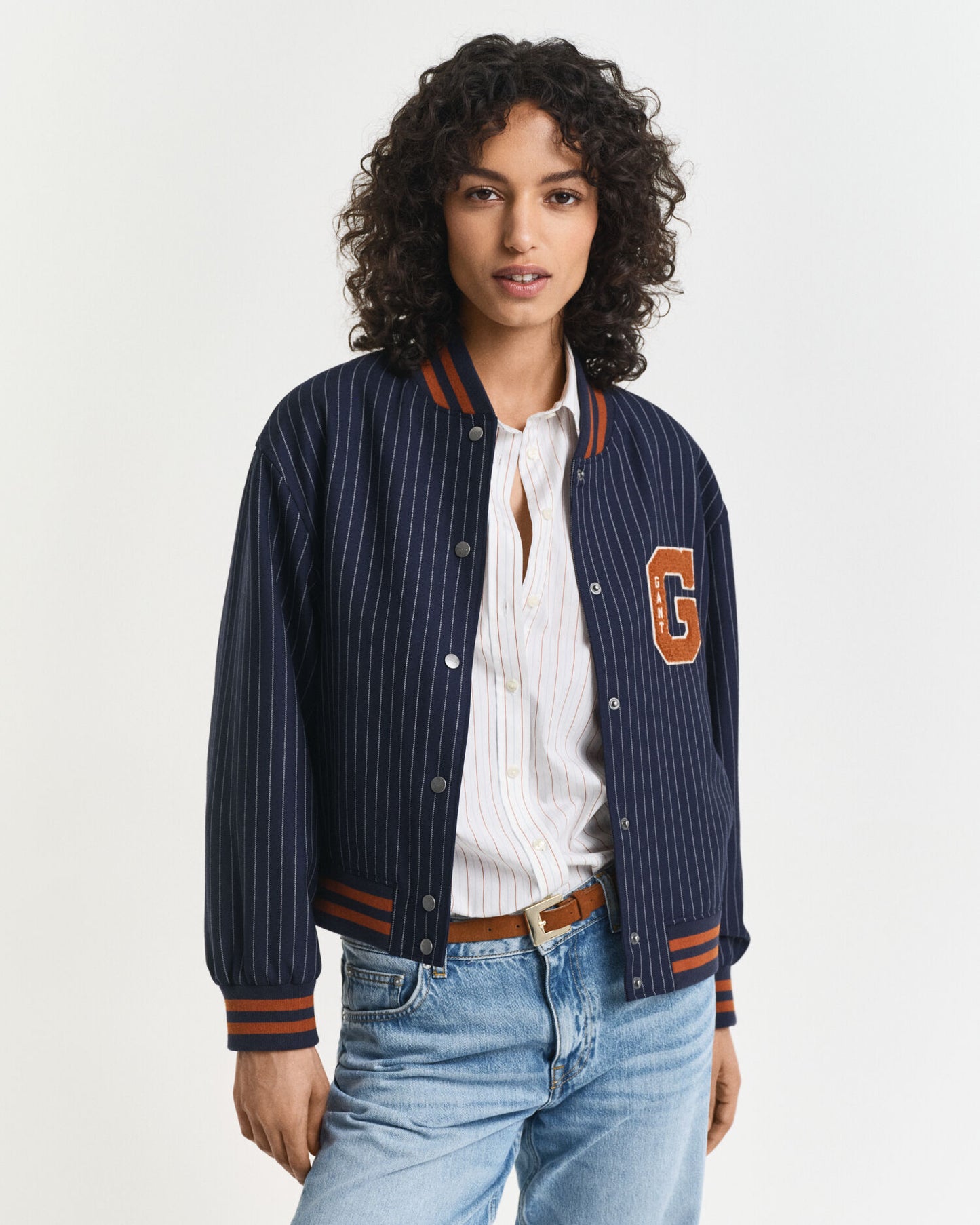Pinstriped Varsity Jacket