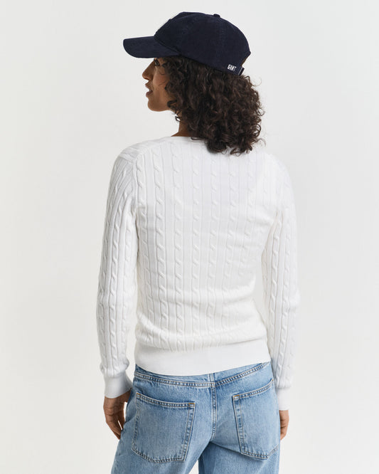Stretch Cotton Cable Knit V-Neck Sweater