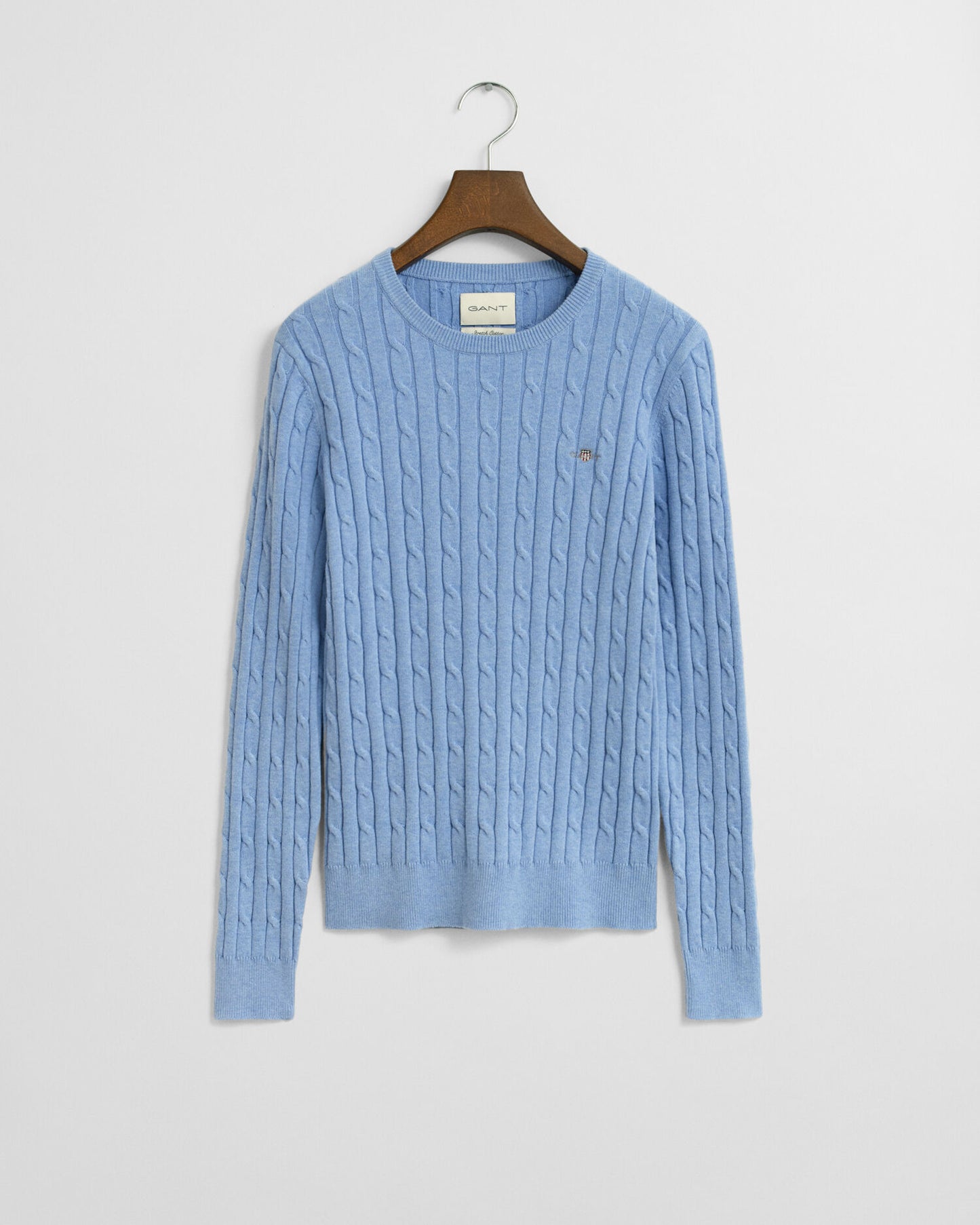 Stretch Cotton Cable Knit Crew Neck Sweater