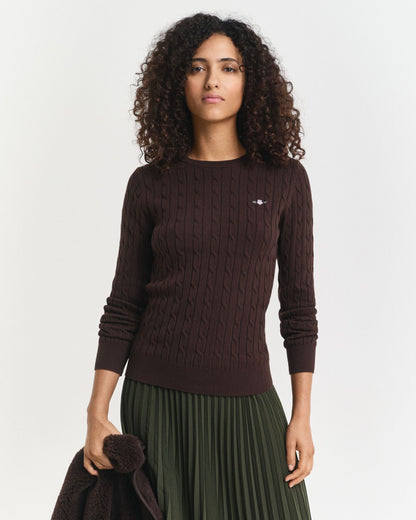 Stretch Cotton Cable Knit Crew Neck Sweater