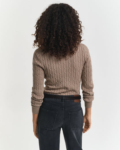 Stretch Cotton Cable Knit V-Neck Sweater