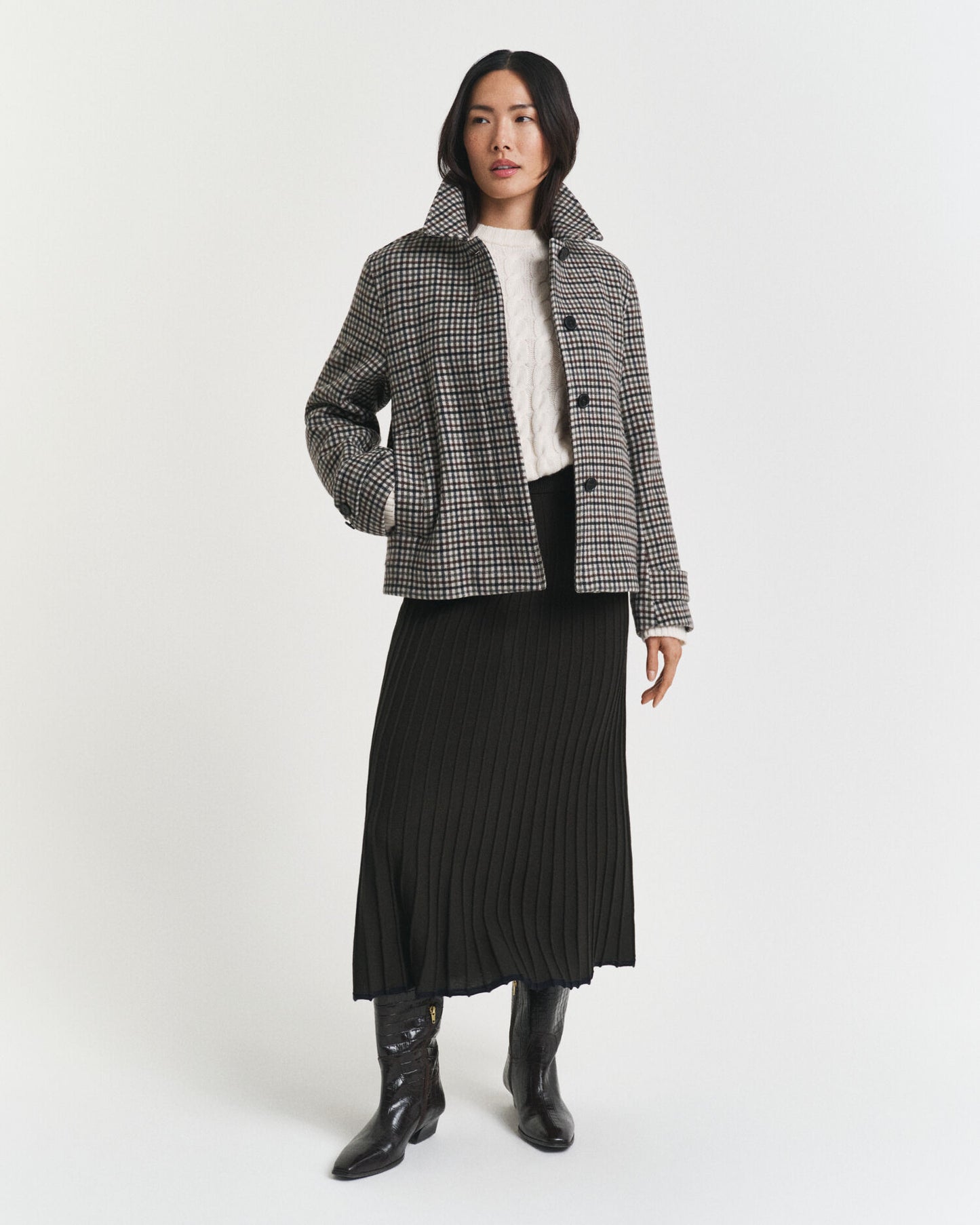 Short Checked Wool Blend Car Coat