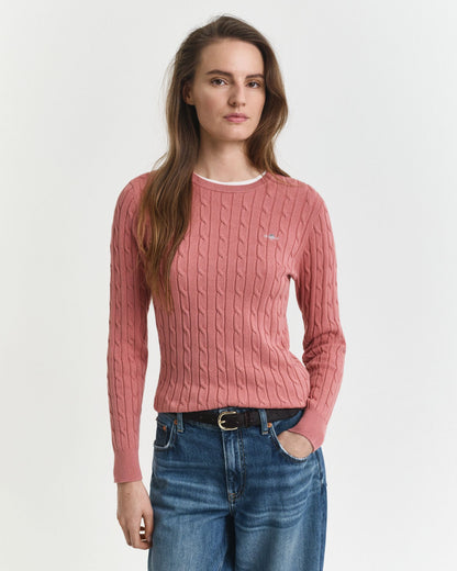 Stretch Cotton Cable Knit Crew Neck Sweater