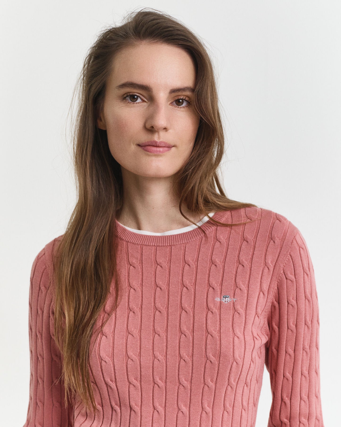 Stretch Cotton Cable Knit Crew Neck Sweater