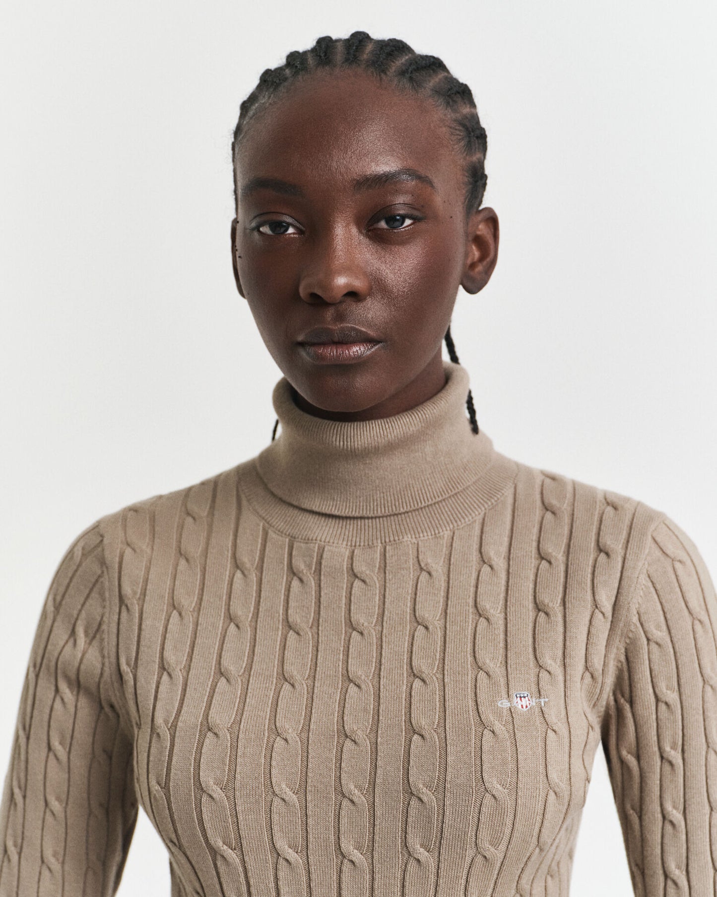 Stretch Cotton Cable Knit Turtleneck Sweater