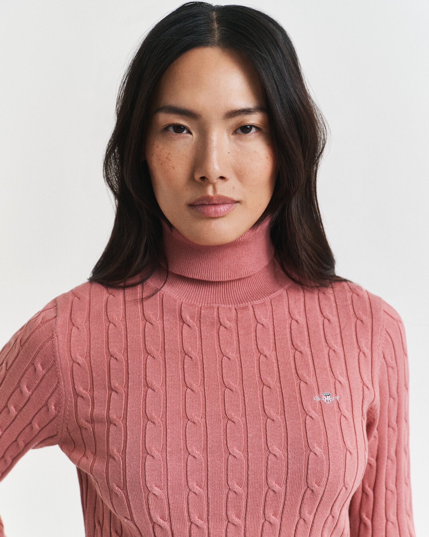 Stretch Cotton Cable Knit Turtleneck Sweater