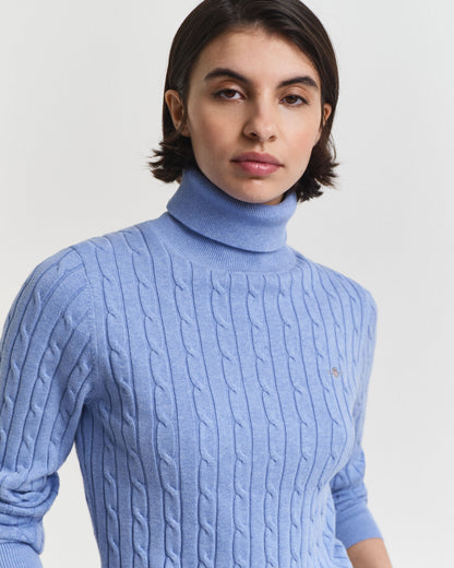 Stretch Cotton Cable Knit Turtleneck Sweater