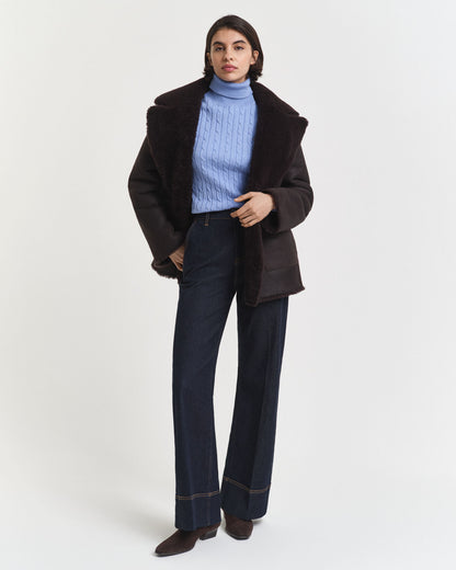 Stretch Cotton Cable Knit Turtleneck Sweater