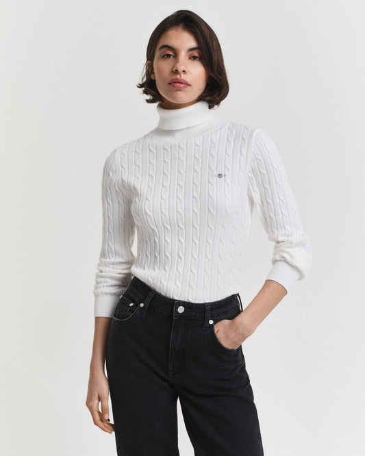 Stretch Cotton Cable Knit Turtleneck Sweater