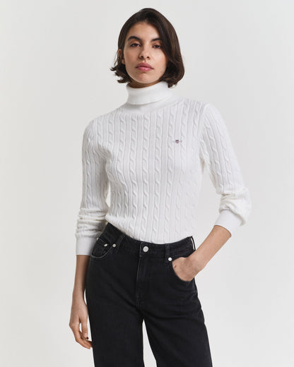 Stretch Cotton Cable Knit Turtleneck Sweater