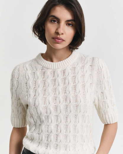 Puff Sleeve Cable Knit Short Sleeve Dress