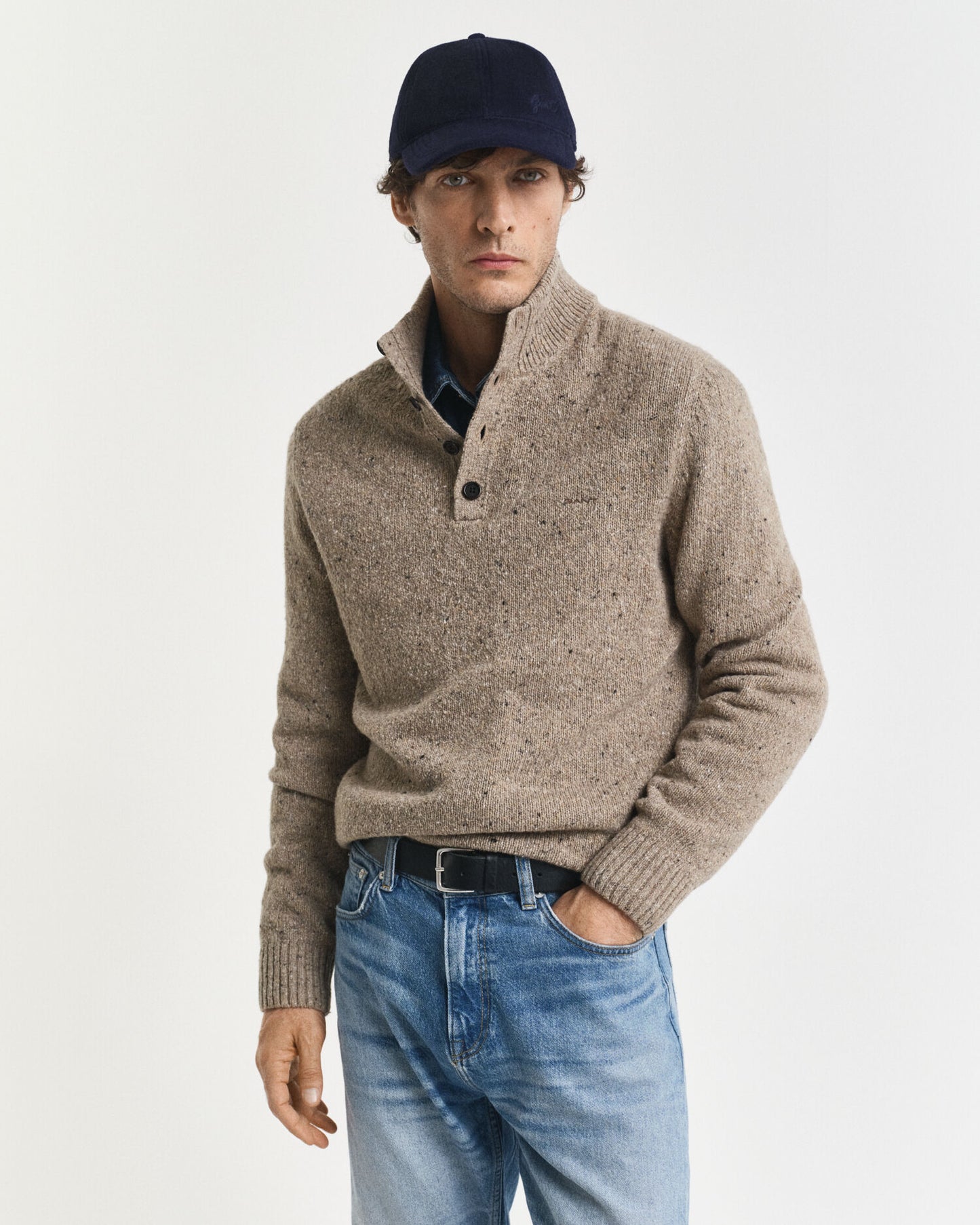 Wool Blend Nepps Half-Buttoned Sweater